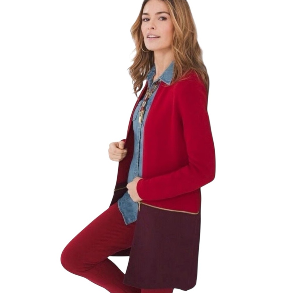 Chicos Red Convertible Knit Duster Cardigan Sweater Longline Color Block Size XL